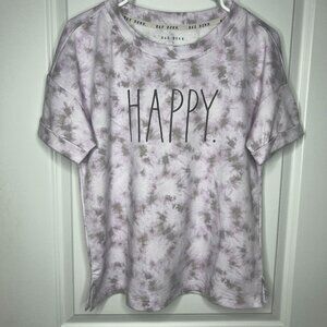 Rae Dunn Tie Dye Top Women's Small "Happy." Cuffed Short Sleeve Side Slits